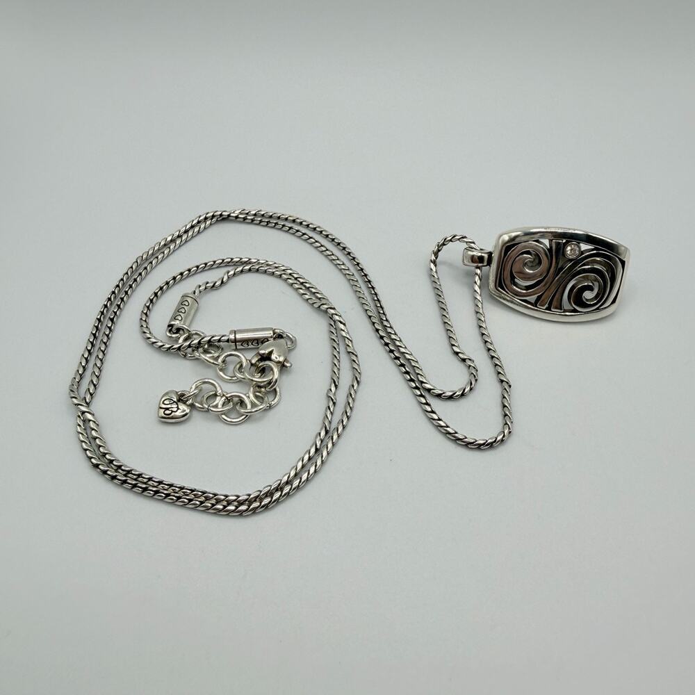 Brighton London Groove Silver Scrolled Rectangle Badge Holder Long Necklace 18”